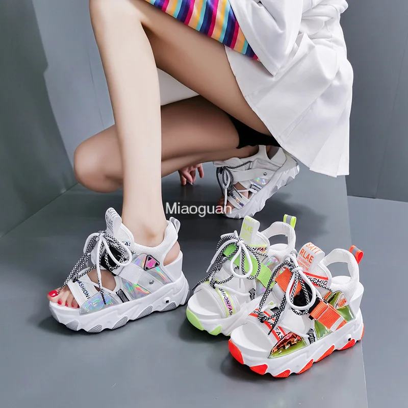 Shoes Woman 2024 Punk Platform Sneaker Sandals Open Toe Beach Casual Shoes Chunky Wedges Heel Sneakers Round Head Lace-up Summer