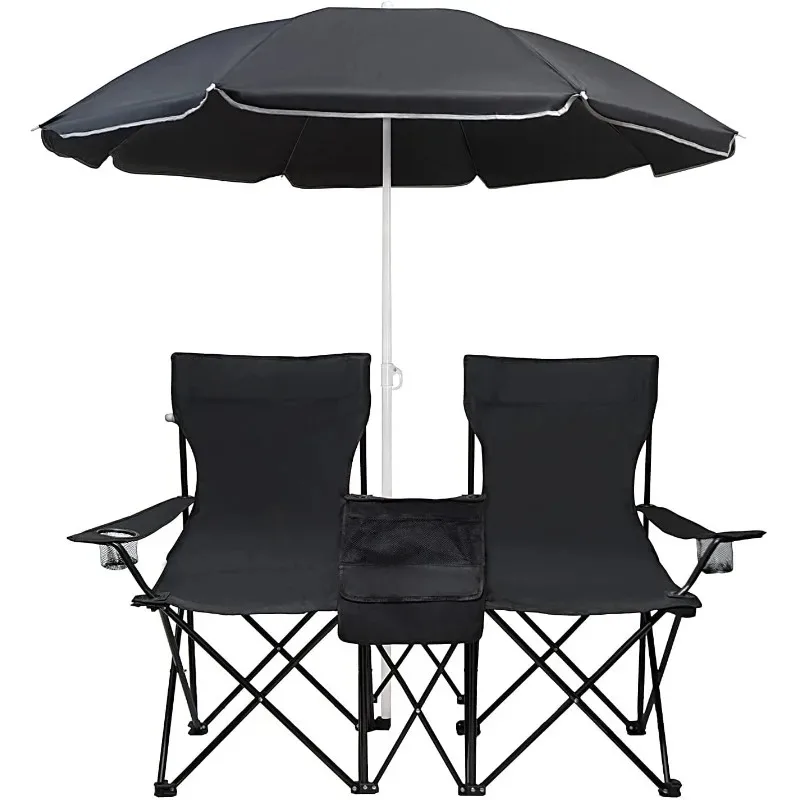Simple Double Camping Chair with Umbrella, Cup Holder, Refrigerated Bag, Mini Table, Each Seat Can Support The Beach Chair