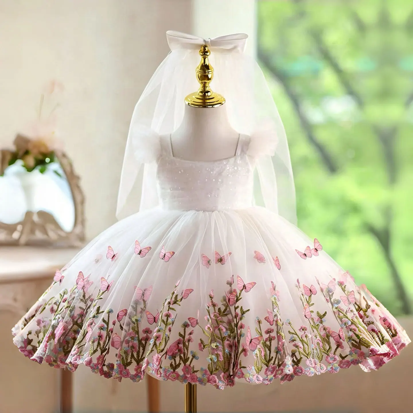 Jill Wish D277 White Butterfly Embroidered Flower Girl Dress with Tulle Skirt, Toddler Princess Party Dress Elegant BirthdayGift
