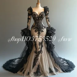 Fantasy Gothic Victorian Prom Dress Black Lace Tulle Long Sleeve Mermaid Evening Women's Party Masquerade Customised
