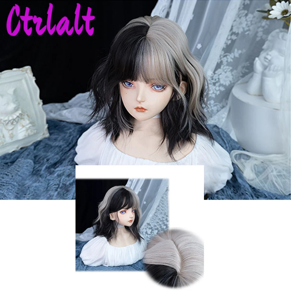 Synthetic Hair Wig Black Blone Curly Wig with Bangs Blue Highlight Halloween Hair for Women Cosplay Party Heat Resistant