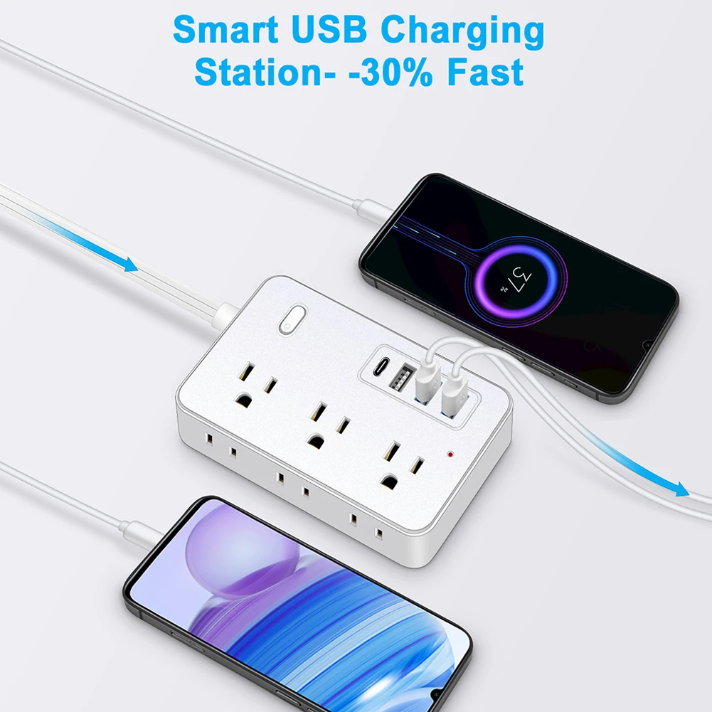 5Ft عرام حامي قطاع الطاقة 6 منافذ التيار المتناوب شقة التوصيل تمديد الحبل 4 منافذ USB (1 USB C) محول الطاقة لغرفة السفر المدرسية