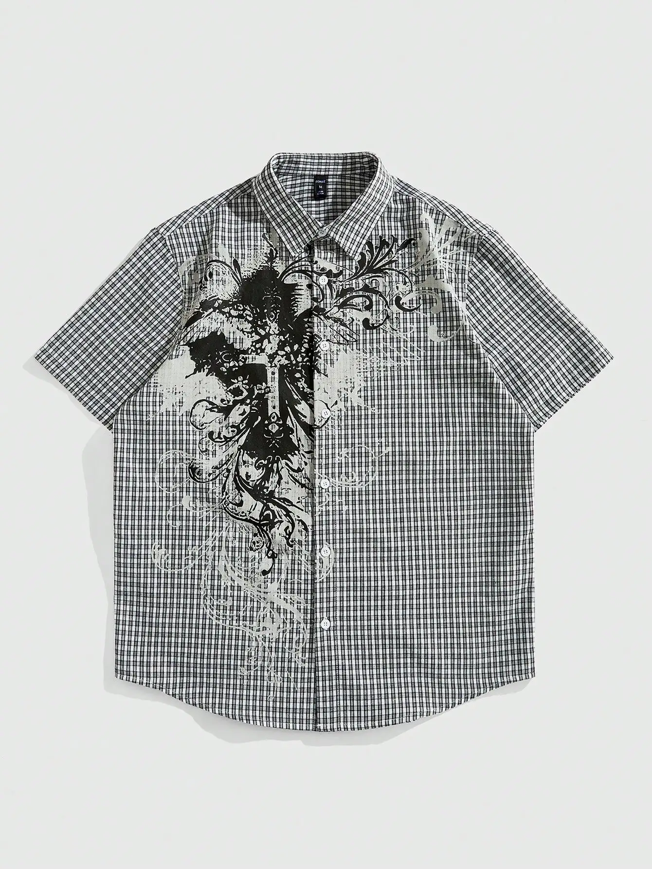 

Men's Short Sleeve Plaid Shirt with Graphic Floral Print, Casual Streetwear Style