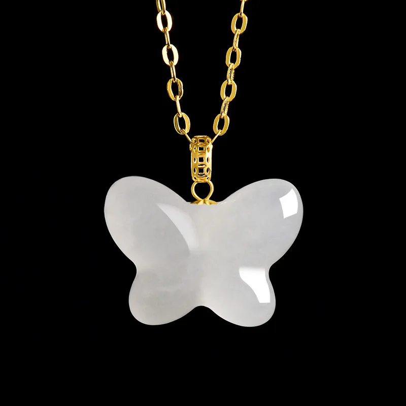 

New genuine natural old material Hotan Jade white jade butterfly pendant 18K gold inlaid jade pendant necklace women's jewelry
