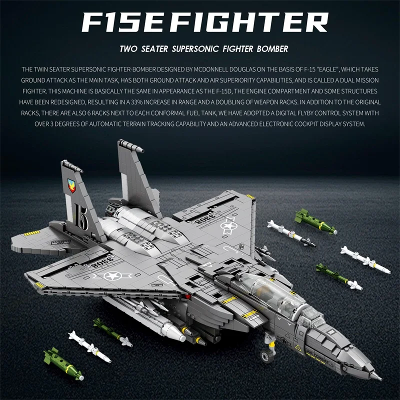 Military F-15 Strike Eagle Fighter Building Blocks Cruise Air Force Bomber Model Bricks Collect New Year Gifts Kids Toys