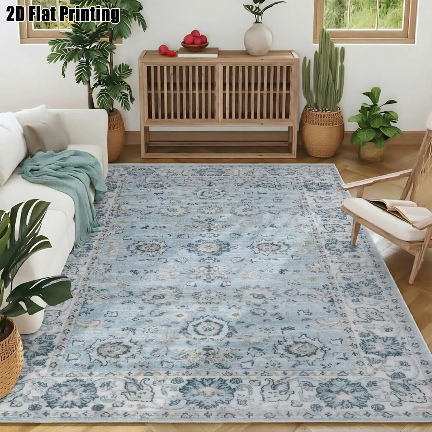 1Pc 2D Printed Velvet Carpet, Light Blue Retro Floral, European/Instagram/Vintage/Bohemian Style, Home Decor, Machine Washable, Multi-Size, Suitable for Entrance, Dining, Foyer, Bedroom, Living Room