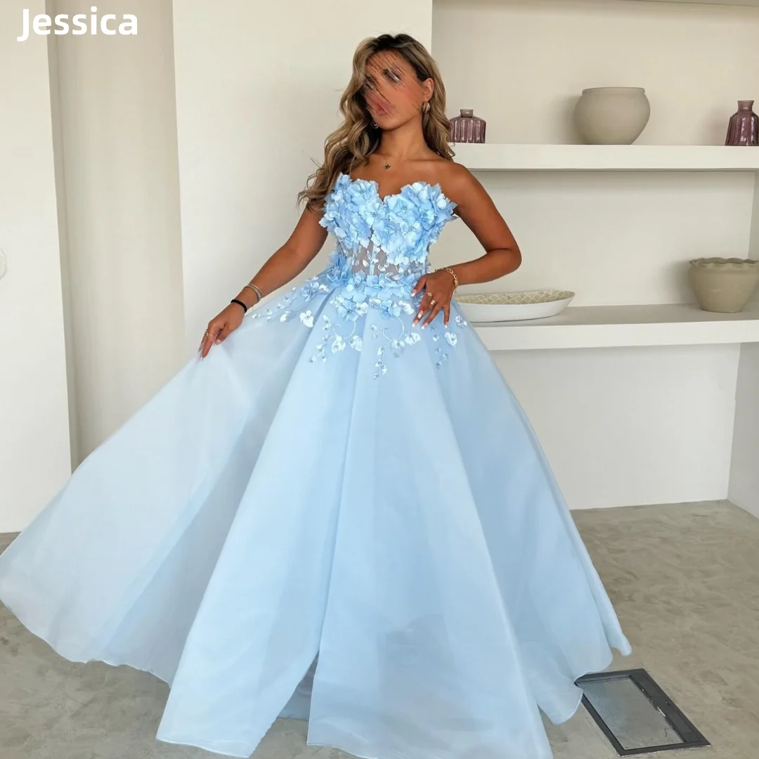 Jessica Light Blue Wedding Dress 3D Applique Organza Arabian Ladies Prom Dresses Off-shoulder A-line Bespoke Occasion Dresses