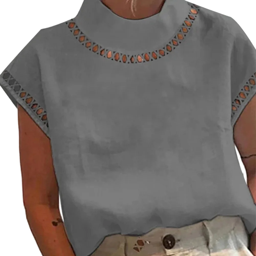 Women's Cotton Blend Hollow Out Blouse for Office Wear Lightweight Half High Neck T-Shirt Top Spring Summer Casual