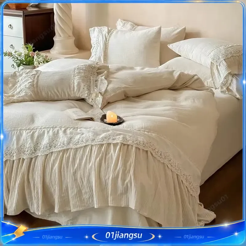 French Style 20% Linen 80% Cotton Bedding Set Lace Ruffles Embroidery Duvet Cover Sheet Pillowcase 4Pcs Natural Skin Friendly