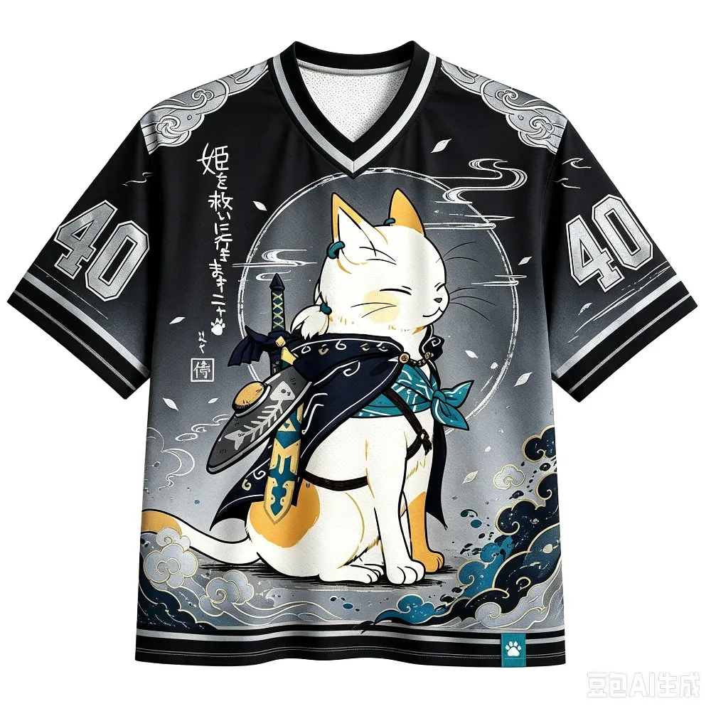 Harajuku Japanische Samurai-Katze 3D-Druck Sport Schnelltrocknend Atmungsaktiv Herren V-Ausschnitt T-Shirt Outdoor Street Casual Y2K Eltern-Kind-Kleidung – Detail 4