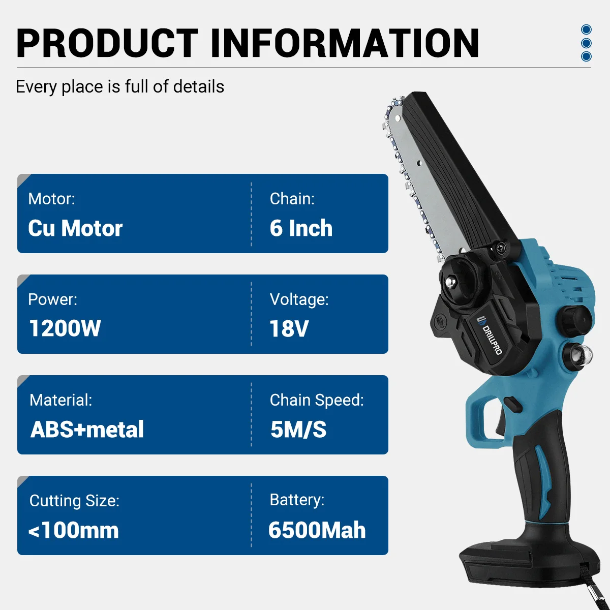 

Drillpro 6 Inch Electric Saw Cordless Chain Saw for Makita 18V Battery Handheld Garden Pruning Saw Wood Cutting Power Tool