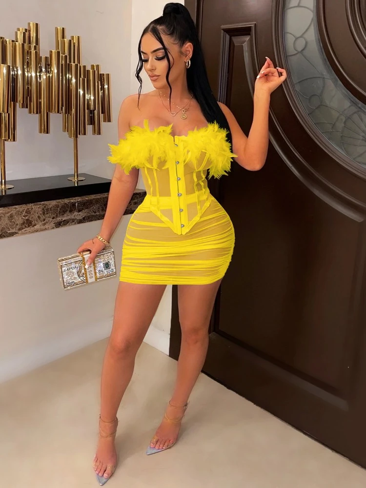 HLJ Feathers Mesh Dwuczęściowe zestawy damskie Stroje na imprezę nocną Urodziny Gorset bez ramiączek Crop Top + Bodycon Mini Spódniczki Zestaw — zdjęcie 2