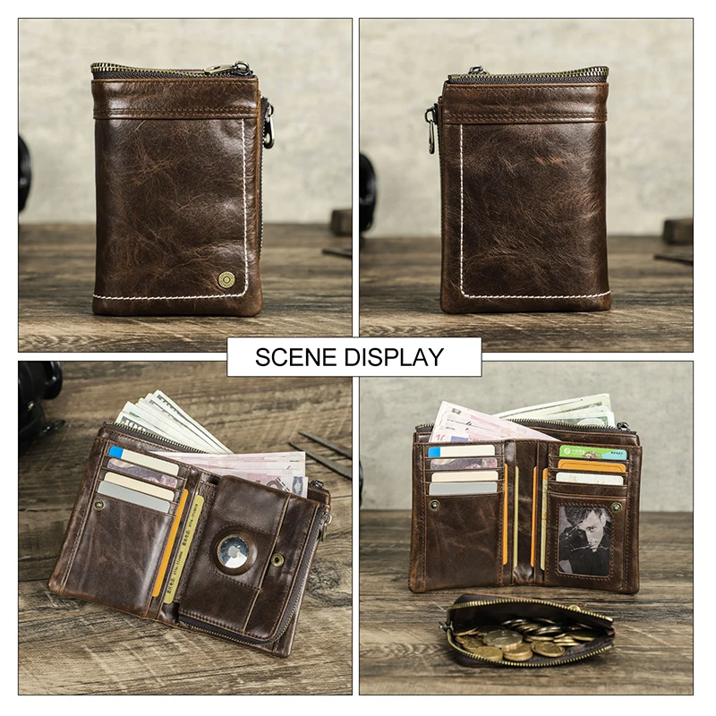 CONTACTS Genuine Leather Wallet Men Anti-Loss Airtag Slot 7 Card Holder Men Purse Coin Case RFID Blocking Compact Leather Wallet