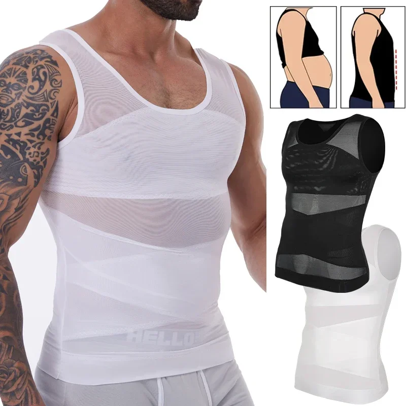 Mens Slimming Body Shaper Vest Gynecomastia Compression Shirts Tummy Control Sleeveless Undershirts Criss Cross Mesh Underwear