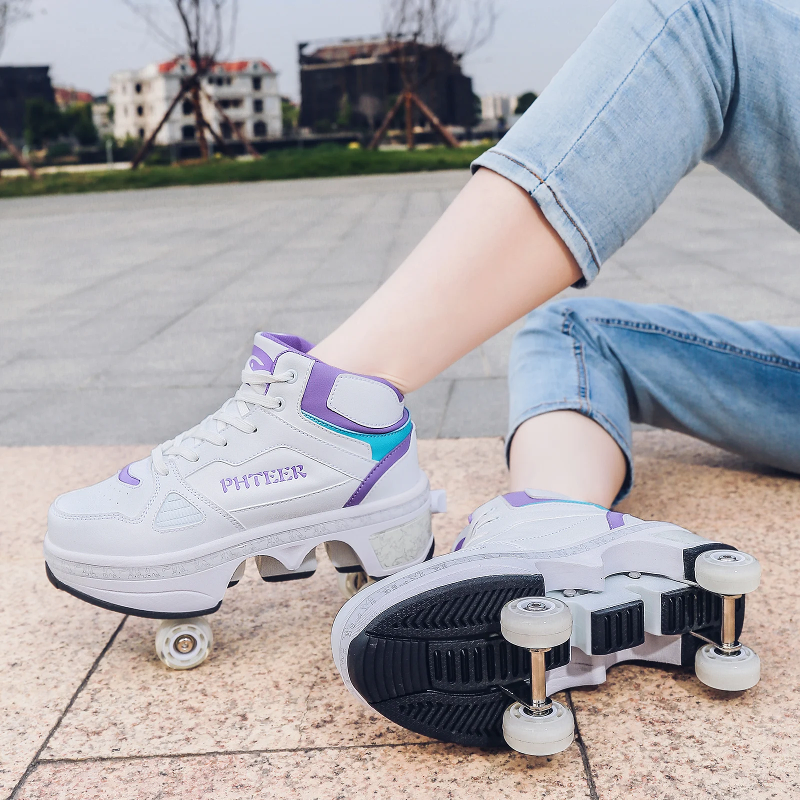 Wheeled sneaker shoes boys adult deformed pulley shoes students girl children can slide double row shoes with wheels four wheels