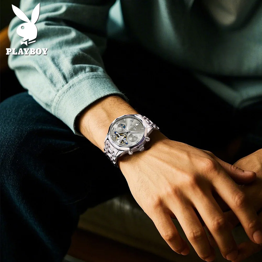 PLAYBOY 3089 Men's Luxury Mechanical Watch Steel Band