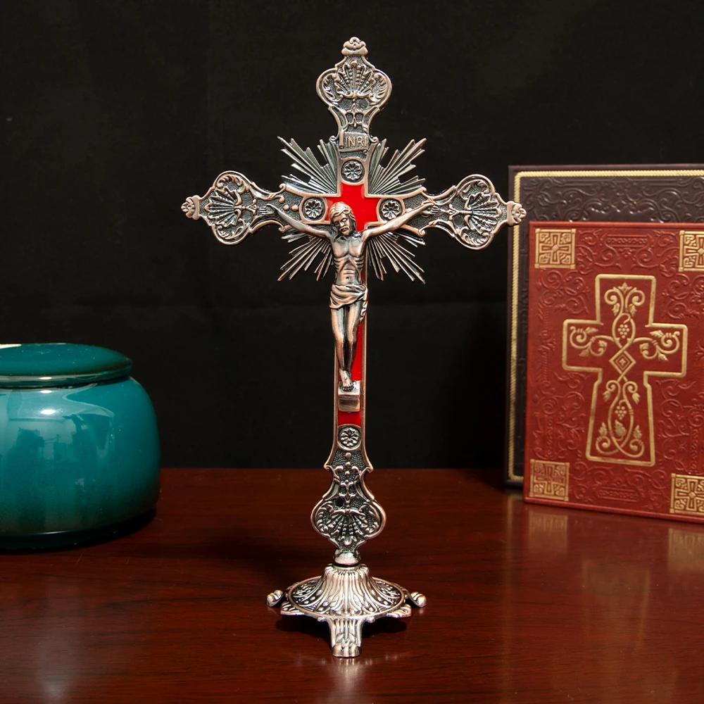 HTISOK Katholisches Jesus-Kreuz, stehendes katholisches Kreuz, katholisches Tischornament aus Zinklegierung, Geschenk für Freunde – Detail 11