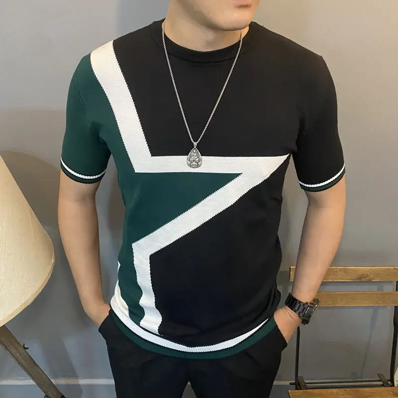Autumn and Winter Men's Slim-fit Short-sleeved Sweater Sweater Korean Style Jacquard Slim-fit plus size Half-sleeved Sweater