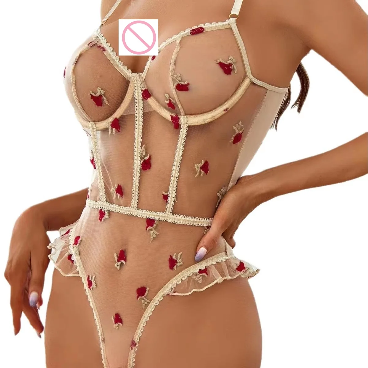 European and American new sexy embroidered see-through hollow one-piece sexy lingerie set