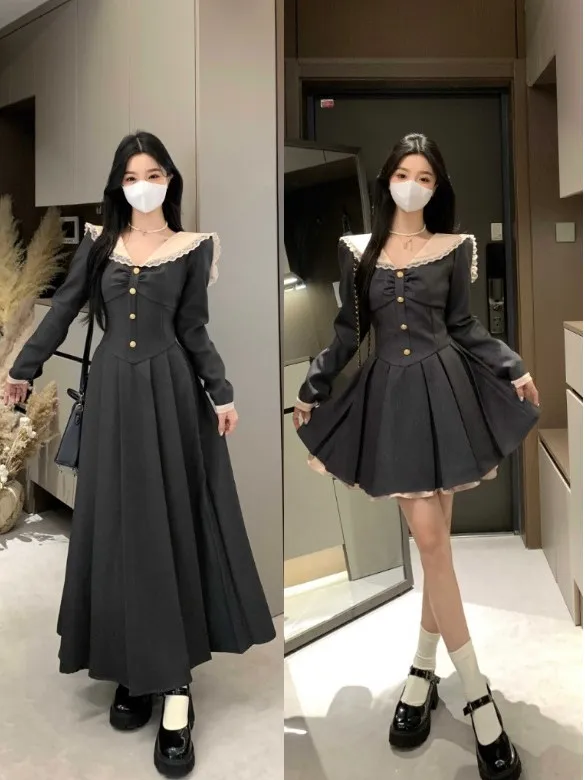 

plus Size Vintage Hepburn Sle Long Sve Navy Collar Dr Women's Spring New Waist Cinching Age Defng Long Dr