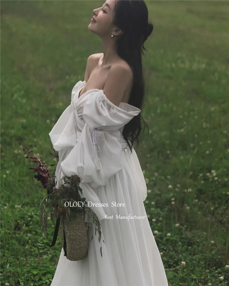 OLOEY Sexy Off Shoulder A Line Korea Wedding Dresses Puff Long Sleeves Bridal Gowns Sweep Train Mariage Photoshoot