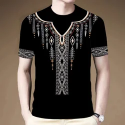 Summer Vintage Ethnic Style 3D Print Short Sleeved T-shirt Men's Round Neck Patchwork Casual Fashion Versatile Simple Slim Tops