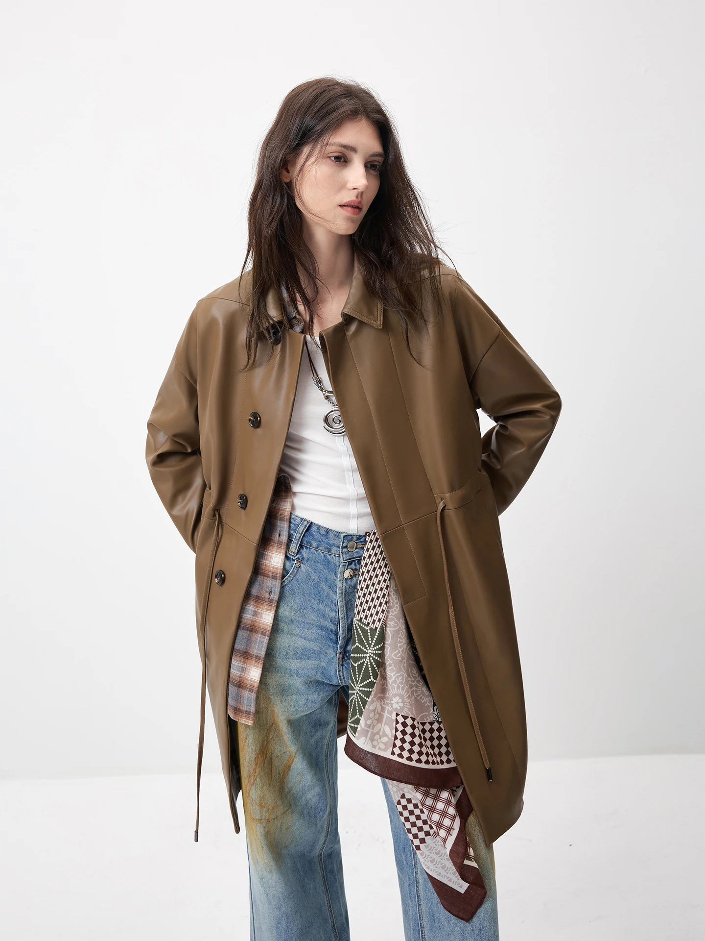 

Новая женская длинная куртка Kele из натуральной кожи, мягкая, свободного кроя, для повседневной носки, из полиэстера, профессиональный уход