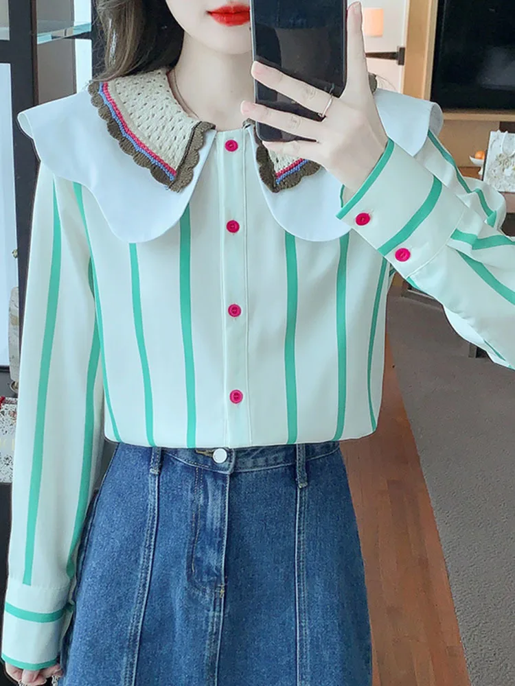 2024 Early Spring New College Style Lace Lapel Striped Long-sleeved Women Shirt