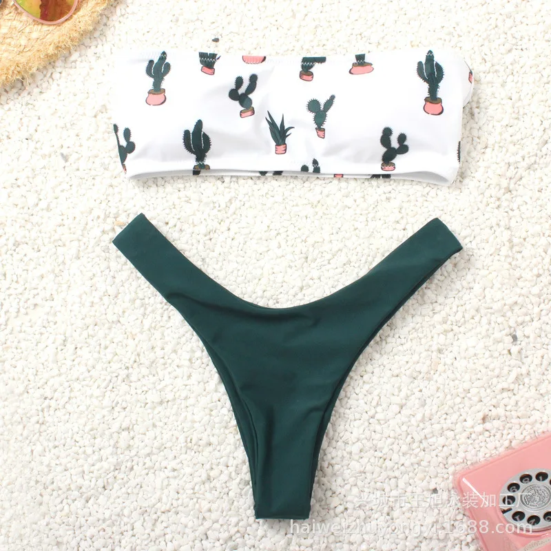 

New Swimsuit Printed Cactus Multi-color Sexy Strapless Two-piece Swimsuit Women Bikini Set