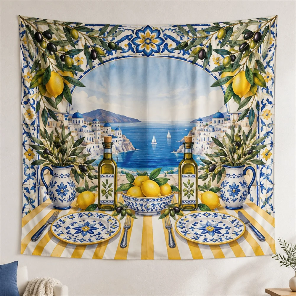 VIKAMA Mediterranean Table Mirror Symmetric Tapestry Wall Hanging, Mediterranean Wall Decor Tapestries for Living Room Bedroom