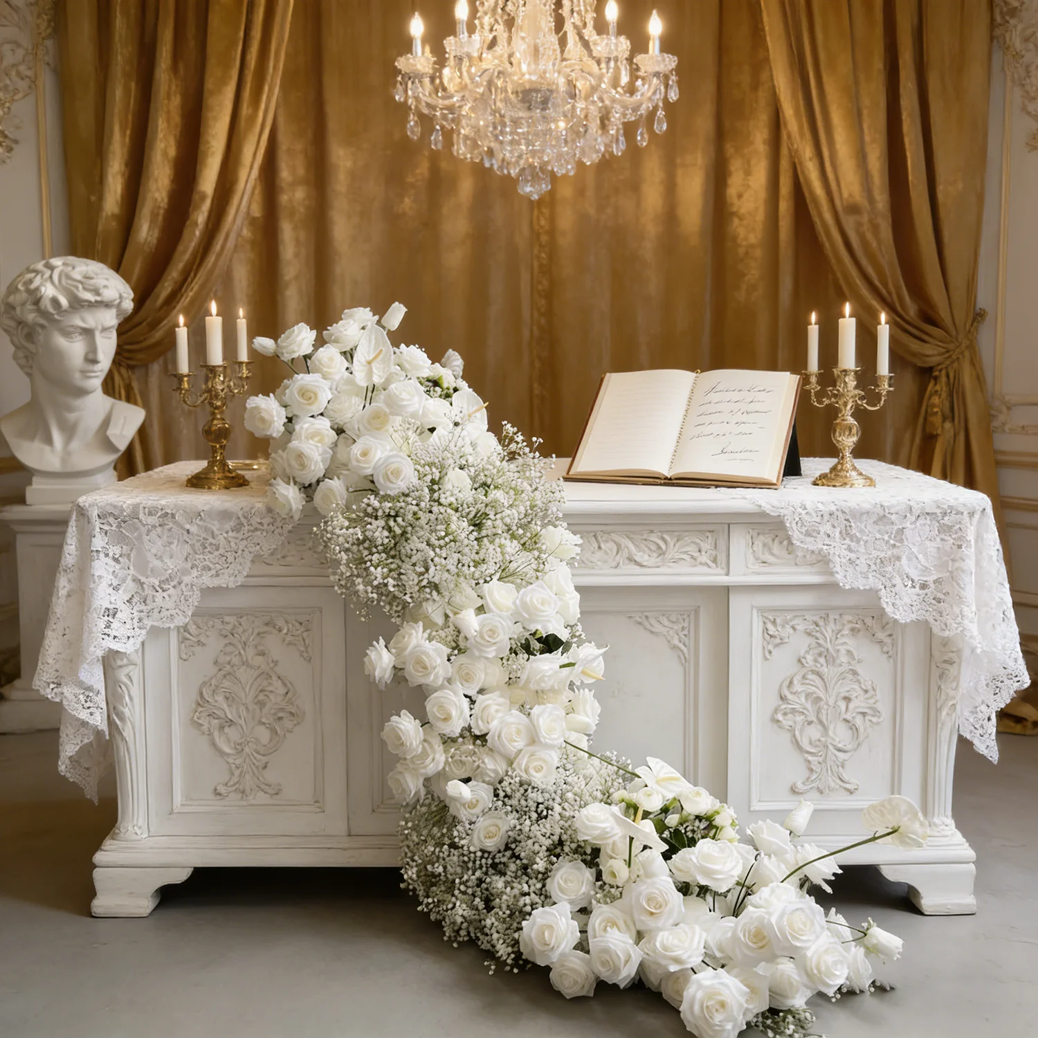 Uflower Composition florale artificielle de 0,5 m, roses et gypsophile, centre de table, décoration florale pour mariage, chemin de table