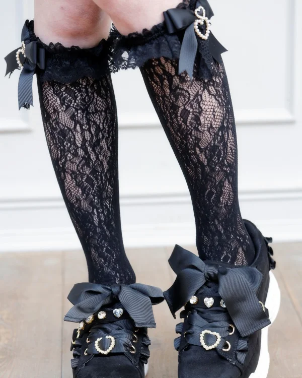 Sweet Lolita Knee-high White Socks with Pink Bow Japanese Girl Handmade Bow Pearl Heart Pendant Lace Mid-Calf Kawaii Black Socks