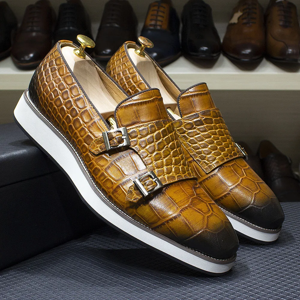 Men's Casual Shoes Double Buckles Monk Strap Genuine Leather Crocodile Print Slip-On Loafer Comfortable Male Outdoor Sneakers