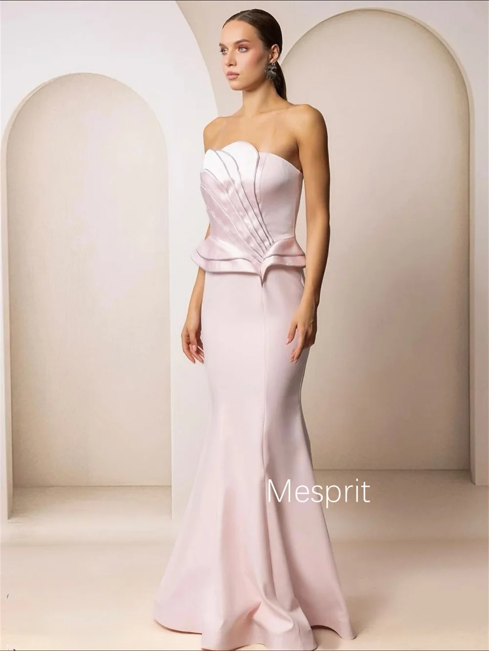 Customized Elegant Charmeuse Pleat Pattern Trumpet Strapless Long Dresses Bespoke Occasion Evening Chinese Style