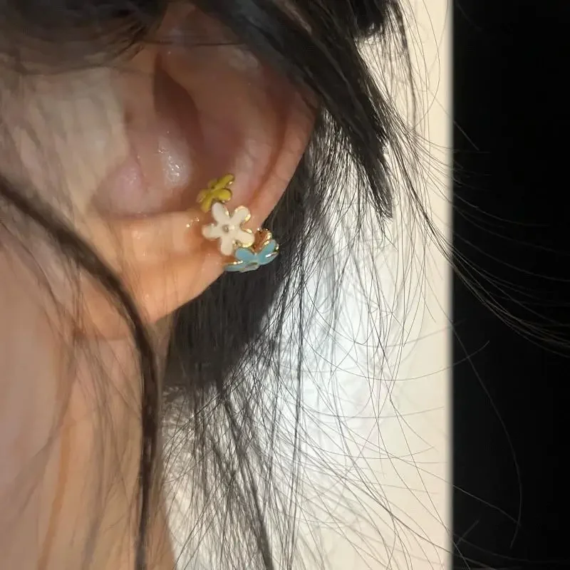 1PC Kpop Goth Y2k Aesthetic Cute Vintage Glazed Colorful Flower Ear Cuff Earcuff Fake Piercing Earring Women Jewelry Accessories