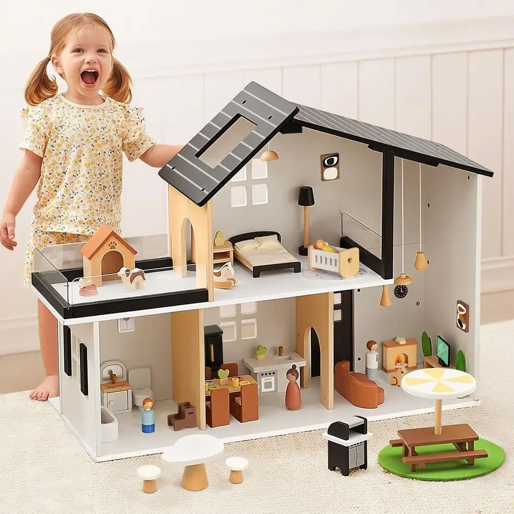 Wooden Dollhouse, Modern Doll House with 66Pcs Luxurious Furniture Accessories, Including Dolls and Pet Sets, Wood Dollhouse Toy