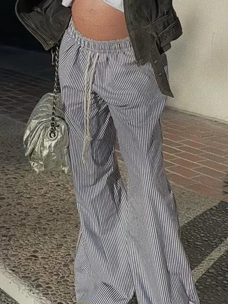 Hot Women\'S Casual Sports Striped Pants Elastic Waist Solid Color Loose Pants with Pockets For Street Clothing