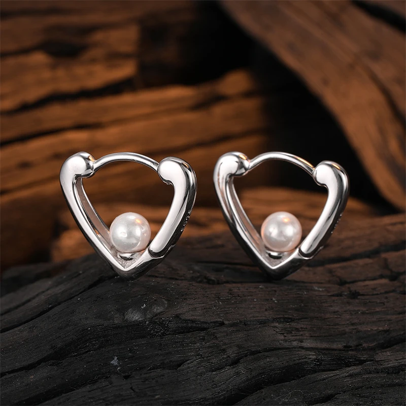 

925 Sterling Silver Hollow Heart Pearl Ear Buckle Hoop Earrings for Women French Simple Wedding Party Jewelry Accessories