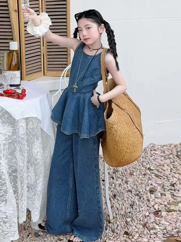 loose-fit-korean-style-denim-set-for-girls-summer-two-piece-outfit-with-ruffle-detail-top-and-wide-leg-pants