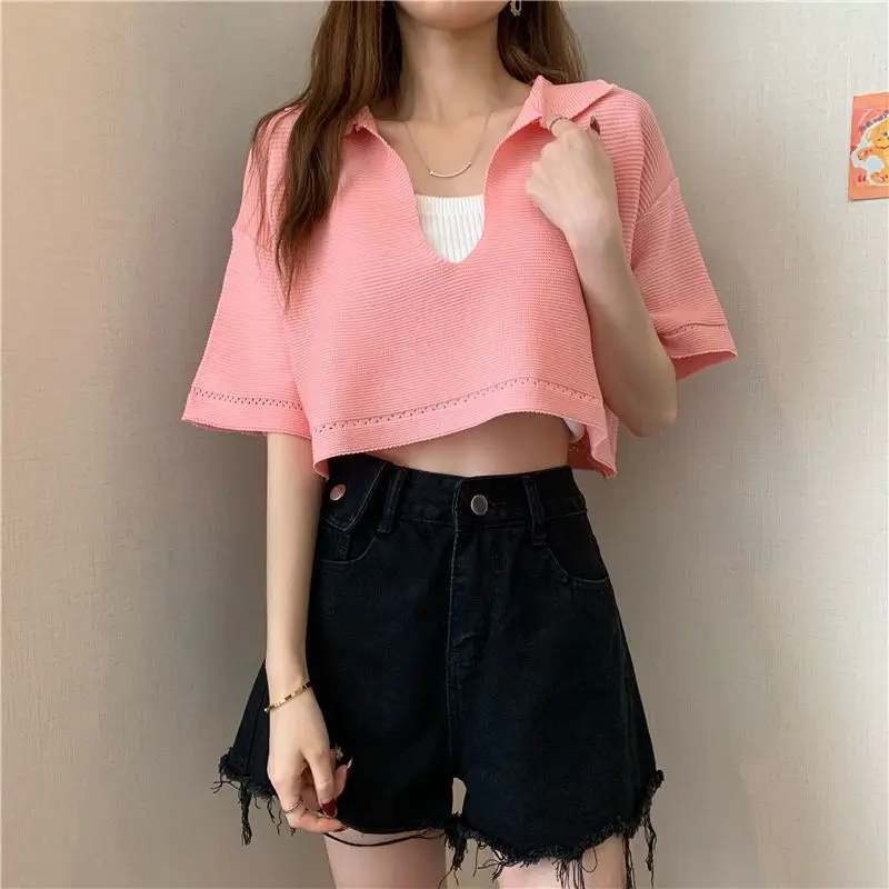 Women Summer Loose Thin Knit Short T Shirts Mini Black Slim Dress Two Piece Set 2024 Korean Lady Pink Crop Tops Camisole Outfits