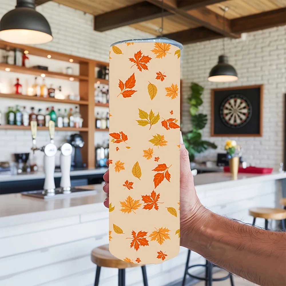 1pc 1pcs Suitable for Home Office Outdoor Travel, 20oz Insulated Skinny Tumbler with Straw Lid & Autumn Maple Print, Leakproof Stainless Water for Hot/ Drinks, Reusable Cup for Camping, Graduation Gifts