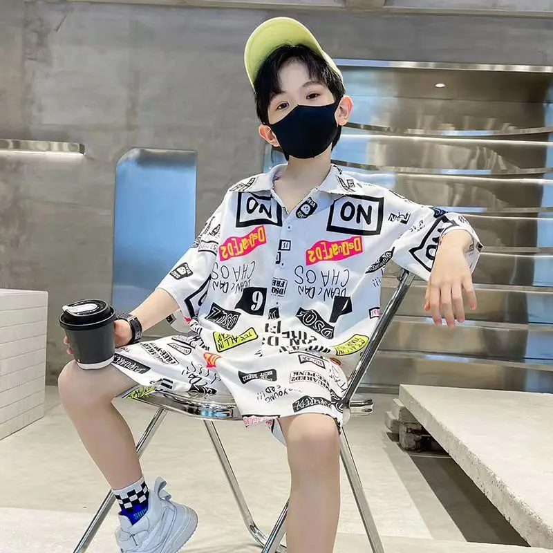 

Boys' Clothing Set Summer New Children's Printed Short sleeved Shirt Shorts 2-piece Set Teenage Boys Sports Set