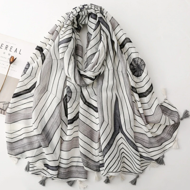 

Ретро-шарф из хлопка и льна с художественным принтом и бахромой для женщин, модный мусульманский хиджаб, головной убор