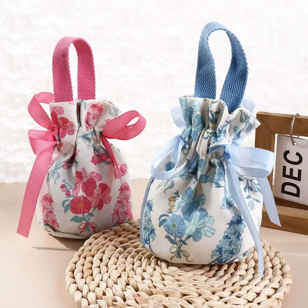 Saco de cordão de lona de grande capacidade Saco de açúcar festivo floral Saco de doces de casamento Saco de balde feminino Bolsa Bowknot Meninas