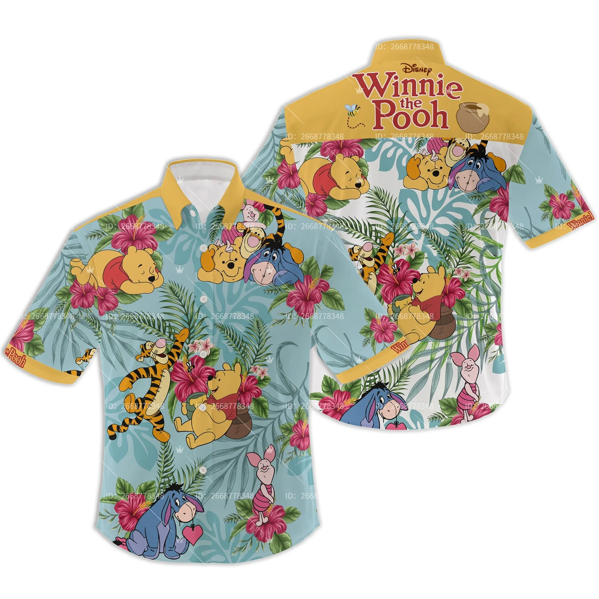 Winnie The Pooh Hawaiian Shirt Short Sleeve Cartoon Disney Hawaiian Shirt Casual Beach Short Sleeve Shirt Retro Button Shirt