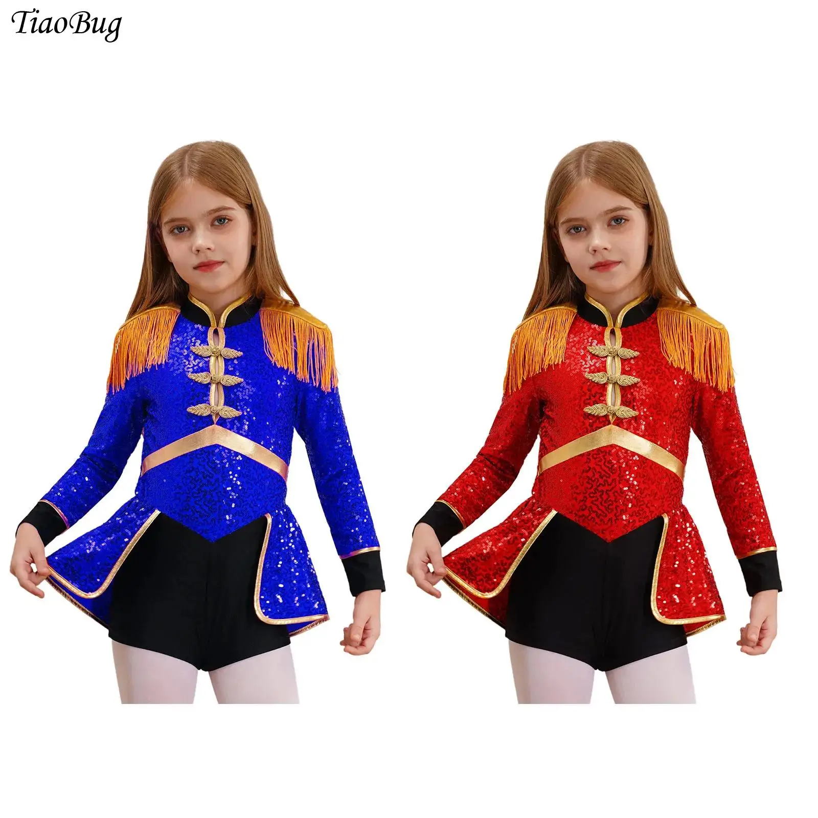 Kids Girls Ringmaster Circus Magician Drummer Cosplay Costume Long Sleeve Fringe Epaulet Sequins Bodysuit Carnival Party Costume