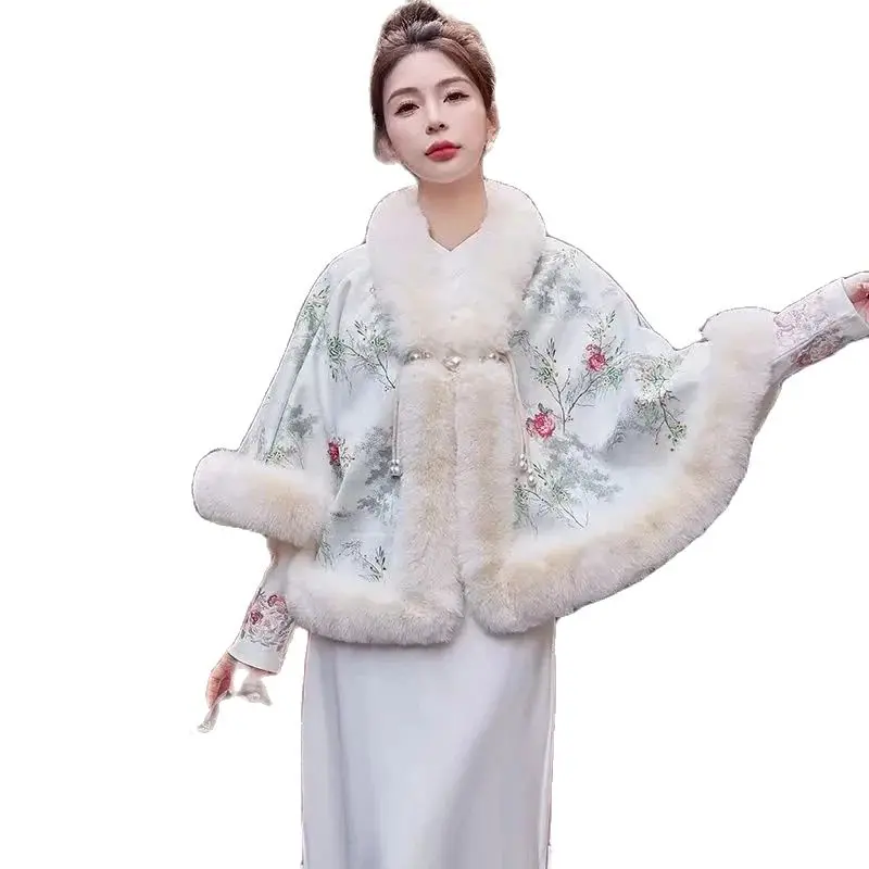 New Fur-Like Coat Autumn Winter Velvet Padded Jacket Imitation Furs Coats Collar Shawl Cloak Cheongsam Keep Warm Overcoat Outwea