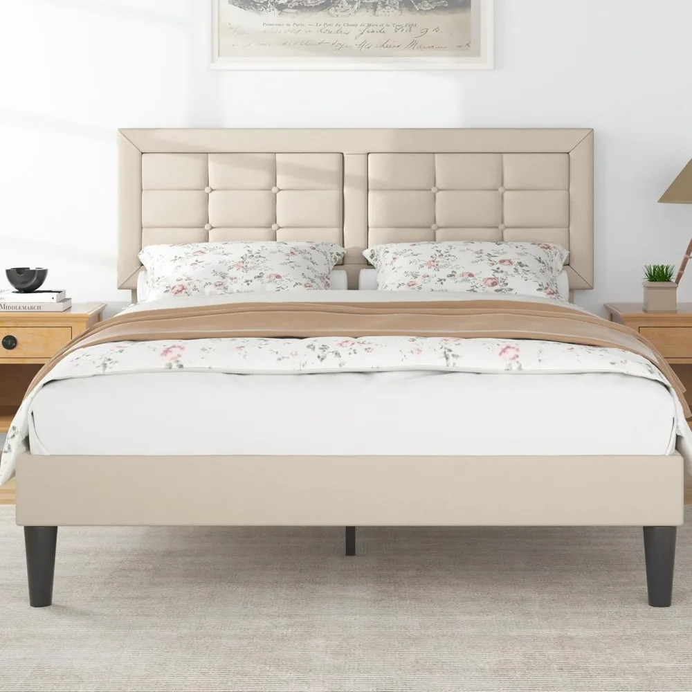 

Queen Size Bed Frame with Adjustable Headboard, Button Tufted Platform Bedframe with Wood Slats Support, No Box Spring Needed
