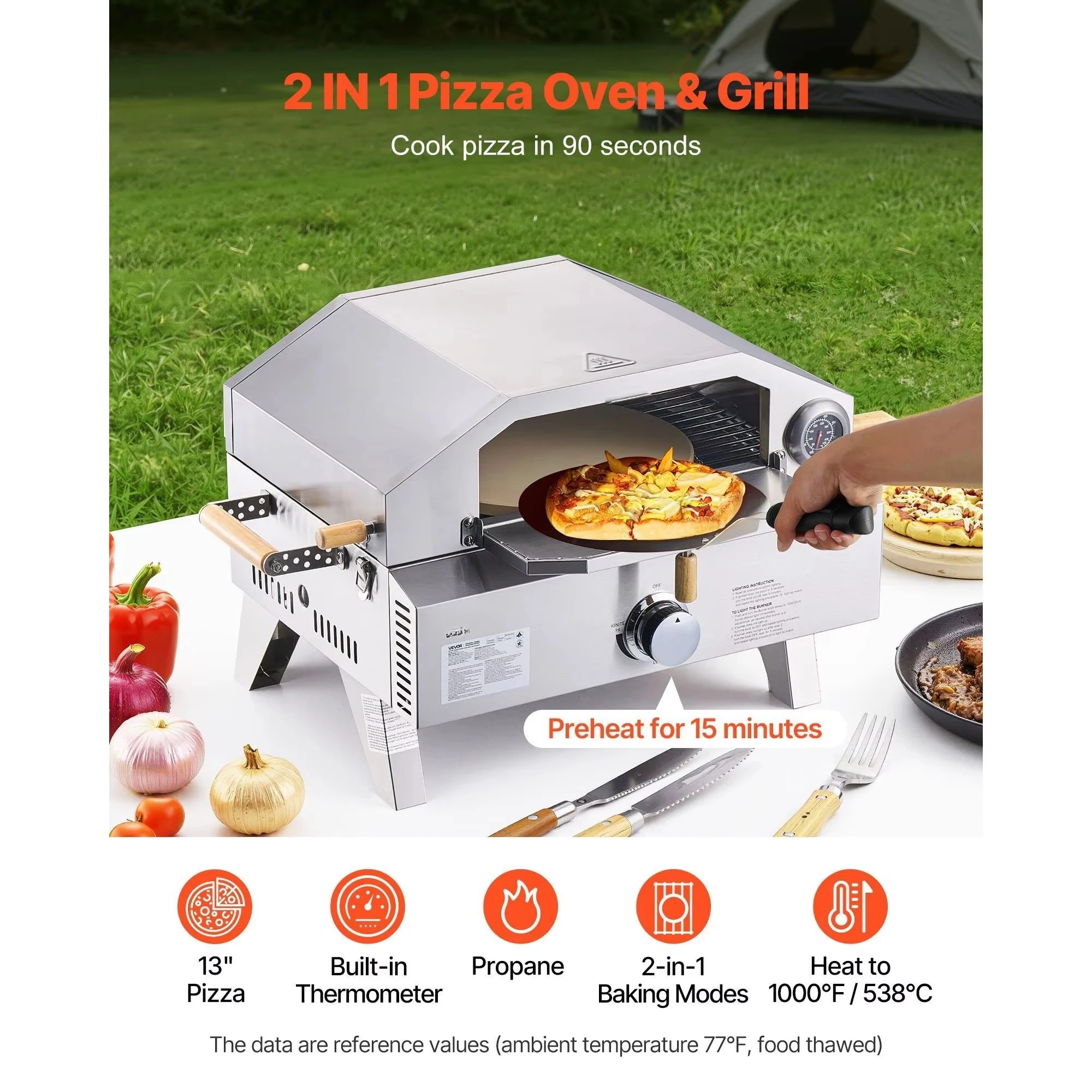 Portable Outdoor Pizza Grill for Backyard Camping 13-Inch Thickened Cordierite Pizza Stone with Built-in Thermometer Grill