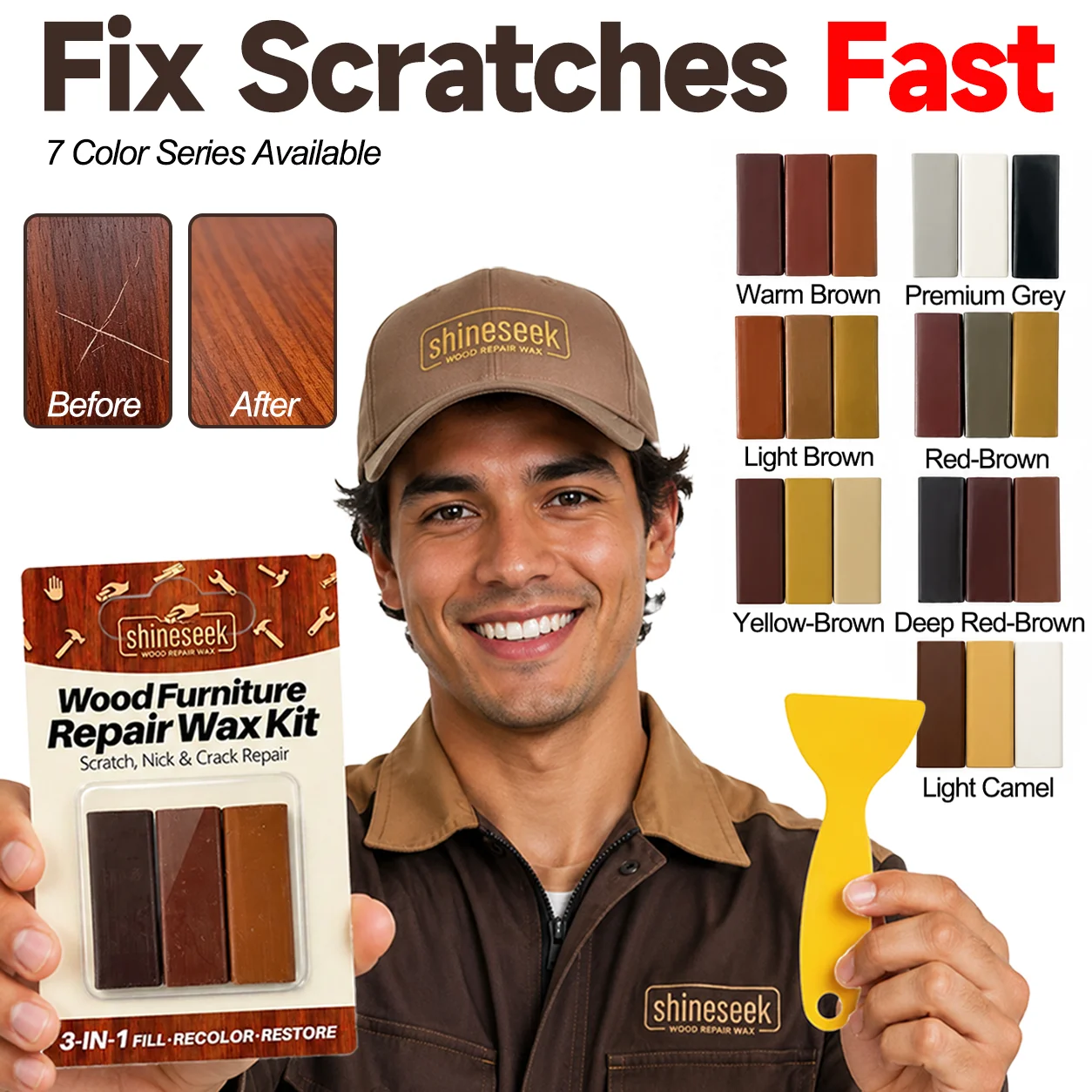 Ultra-Hard Wood Repair Wax Filler Sticks Kit; Mix Base Waxes in Different Proportions to Match Any Wood Tone; Includes Scraper f